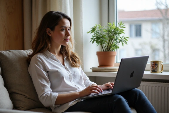 Persona trabajando cómodamente desde casa con un portátil