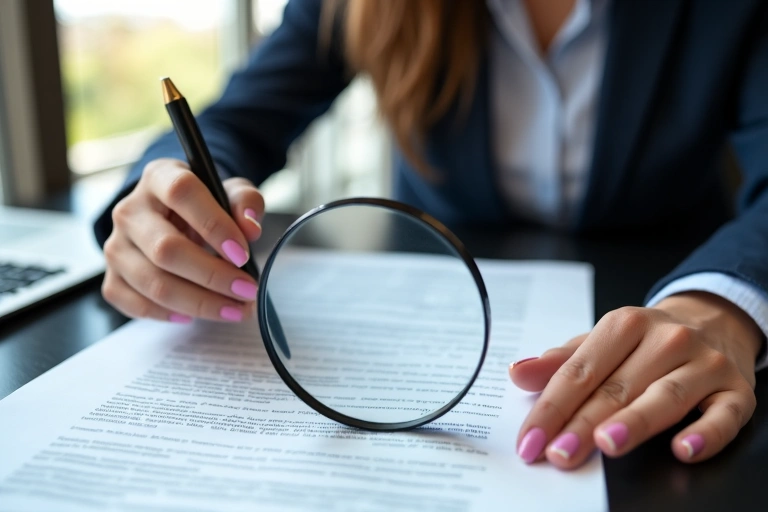 Mujer leyendo un documento legal con lupa, simbolizando la revisión de términos y condiciones.